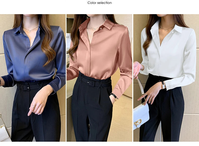 Satin Women Shirt Vintage Long Sleeve Blouse Women Silk Elegant Womens Tops
