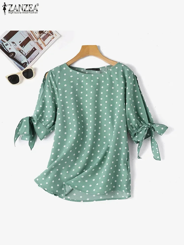 Woman Casual Polka Dots Printed Blouse Fashion Holiday Shirt Half Sleeve O-Neck Tunic Tops