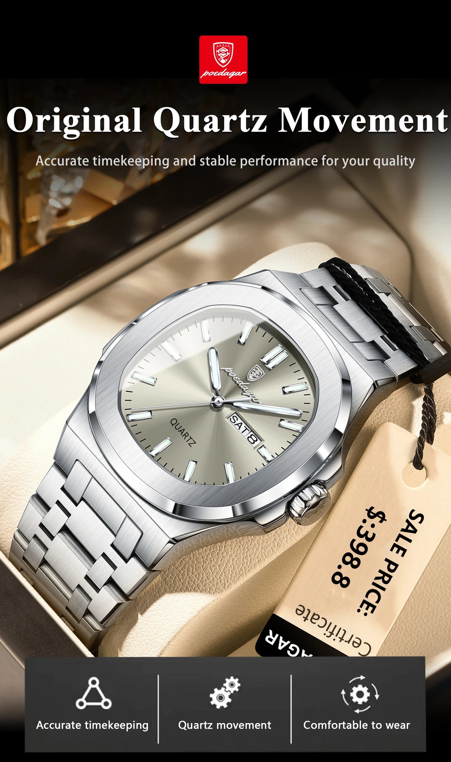 Military Men's Watch Square Waterproof Luminous Date Week Men Watch Stainless Steel Quartz Men's Watches Reloj+box