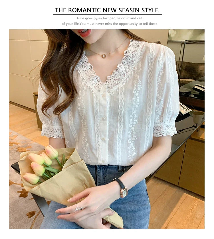 Summer Short Sleeve White Blouse Shirt Women Tops Blusas Verano Lace V-Neck Blouse Women Blouse
