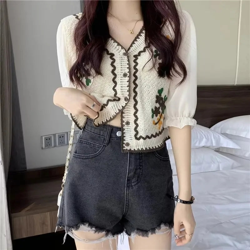 Flower Embroidery Crochet Blouse with Chiffon Sleeve Button Front Cardigan Top Women Spring Summer blouse