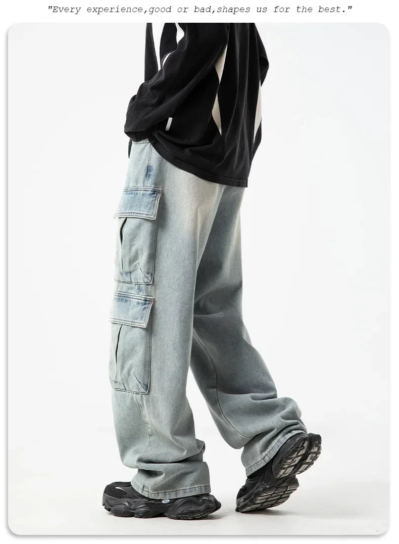 Multi-pocket Workwear Design Jeans Men's Old Washed Retro Japanese Korean Casual Pants