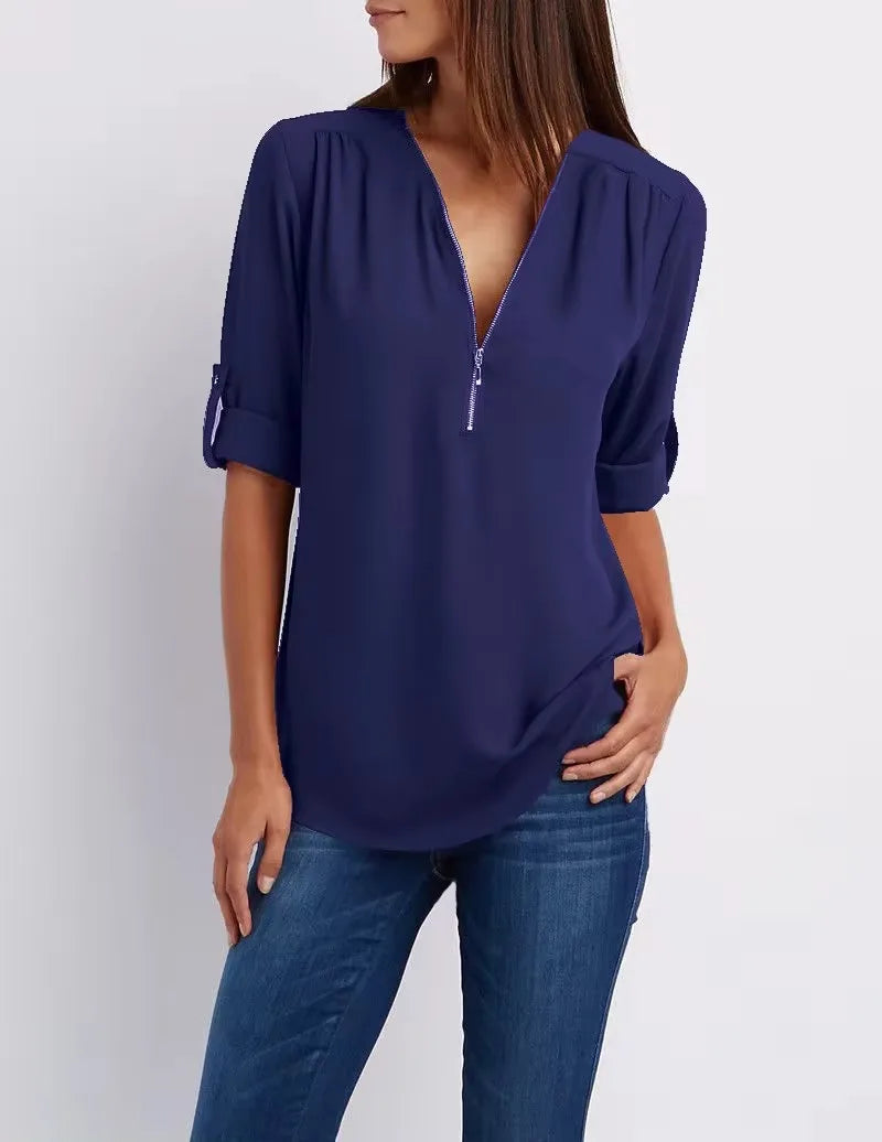 Women Cool Loose Shirt Deep V Neck Chiffon Fashion Zipper Pullover Blouse