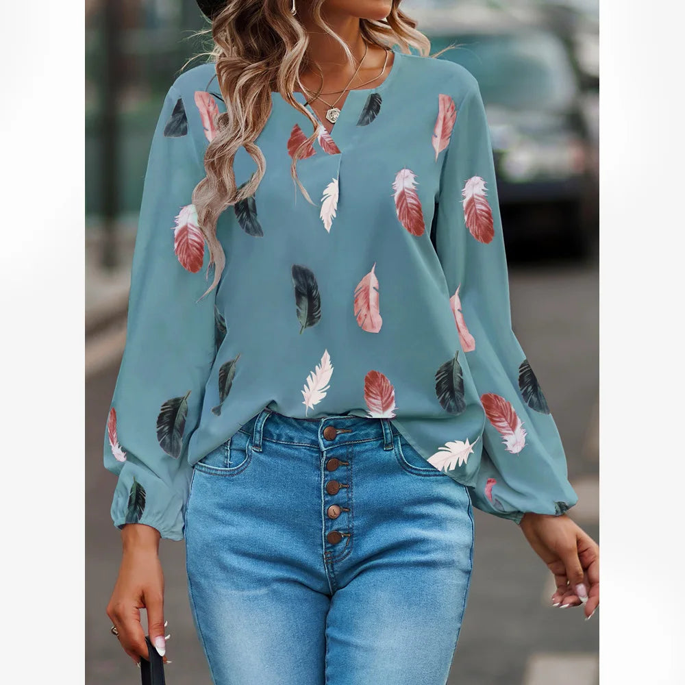 Fashion Woman long Sleeve Feather Pattern, Ladies Elegant Chiffon Tops