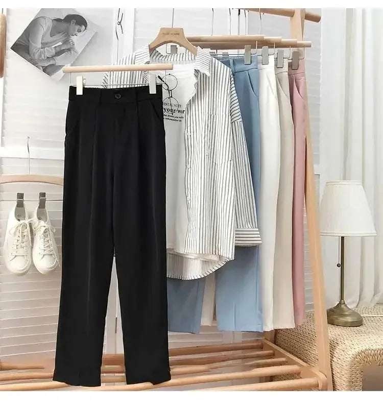 Elastic High Waist Suit Women Pants, Casual Loose Straight Black Office Ladies Trouser