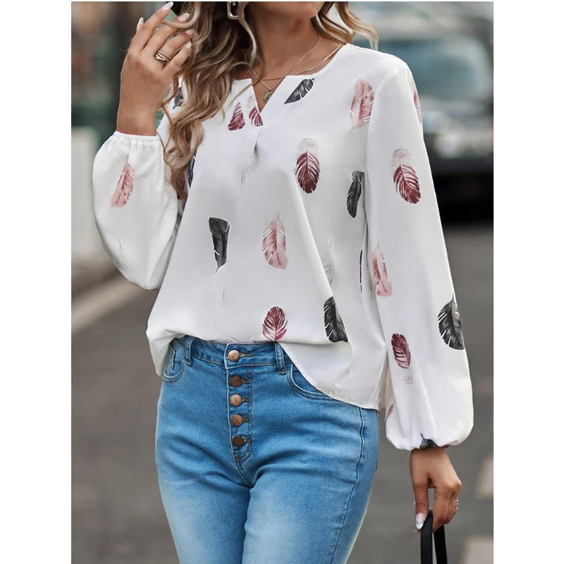 Fashion Woman long Sleeve Feather Pattern, Ladies Elegant Chiffon Tops