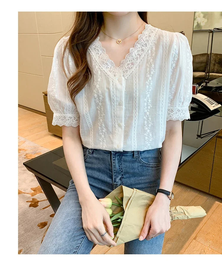 Summer Short Sleeve White Blouse Shirt Women Tops Blusas Verano Lace V-Neck Blouse Women Blouse