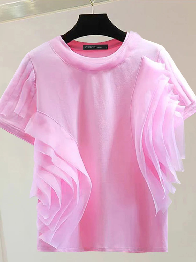 Women Ruffled Stitching Blouse Fashion Holiday O-neck Tops Summer Short Sleeve