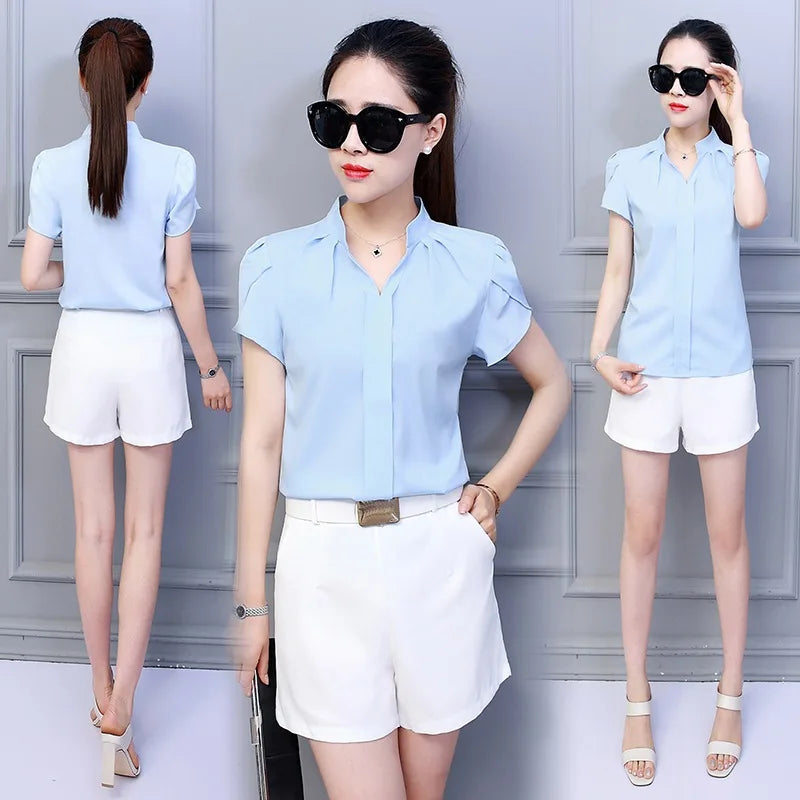 Women Office Ladies Chiffon White Shirt Short Sleeve elegant Tops Casual Clothing