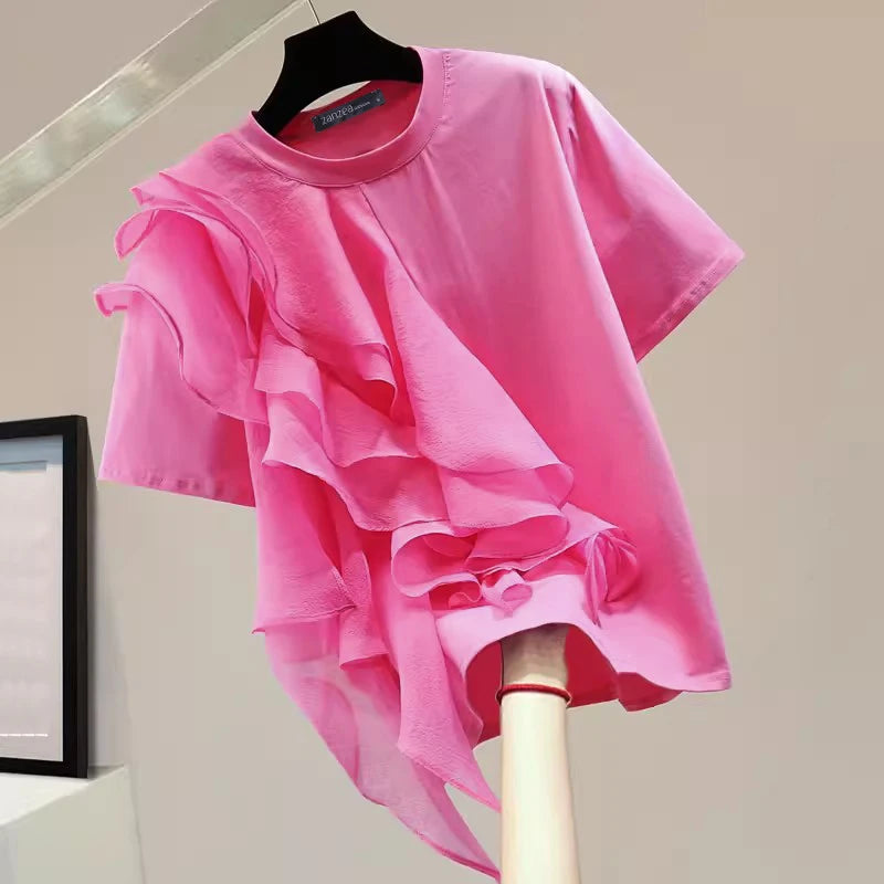 Women Ruffled Stitching Blouse Fashion Holiday O-neck Tops Summer Short Sleeve