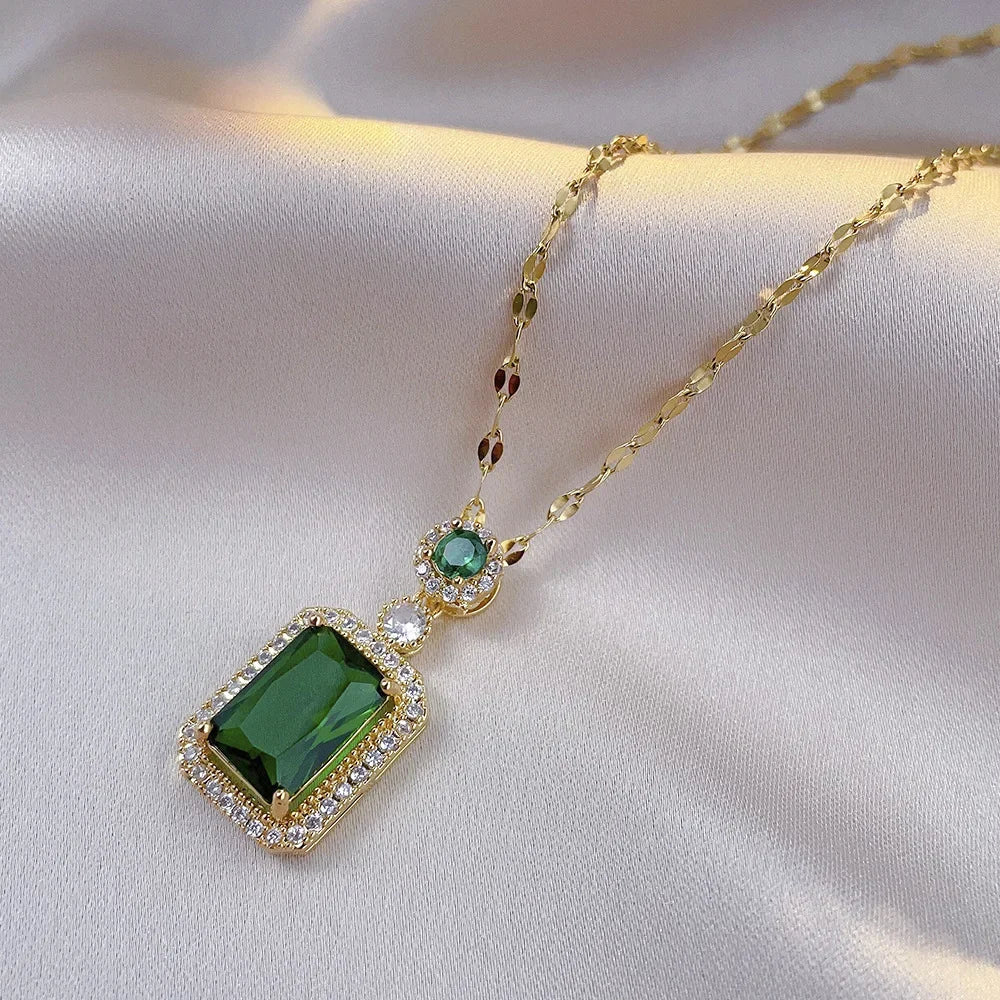 Luxury style Emerald Color Earring Necklace Rings Set For Woman Stainless Steel Zircon Rectangle Pendant Necklace