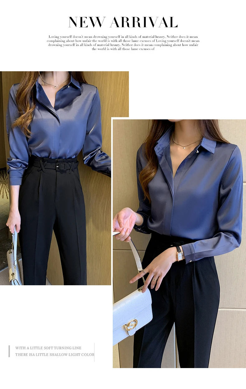Satin Women Shirt Vintage Long Sleeve Blouse Women Silk Elegant Womens Tops