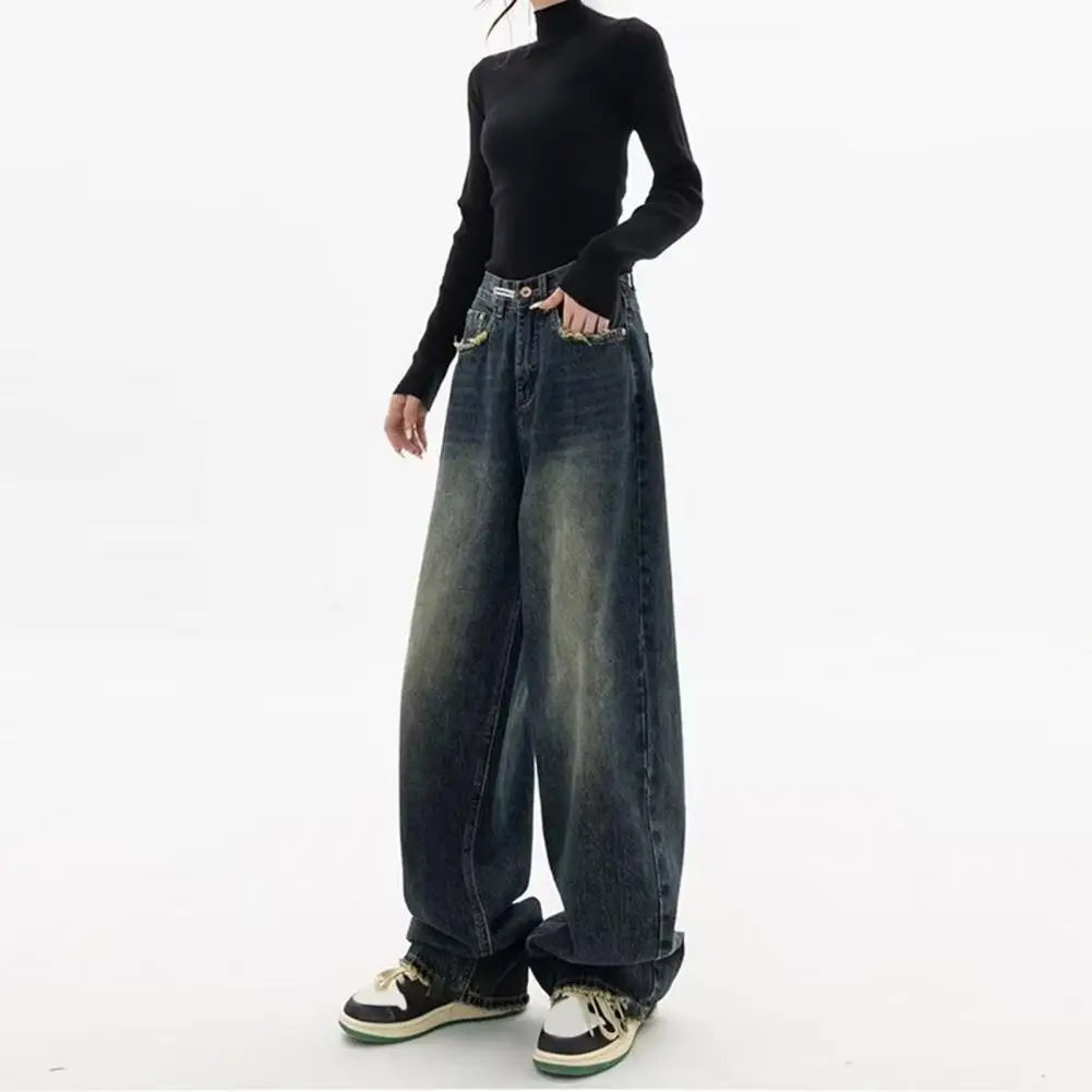 Wide Leg, Floor Length Loose Denim High Waist Vintage Hip Hop Streetwear Women Jeans