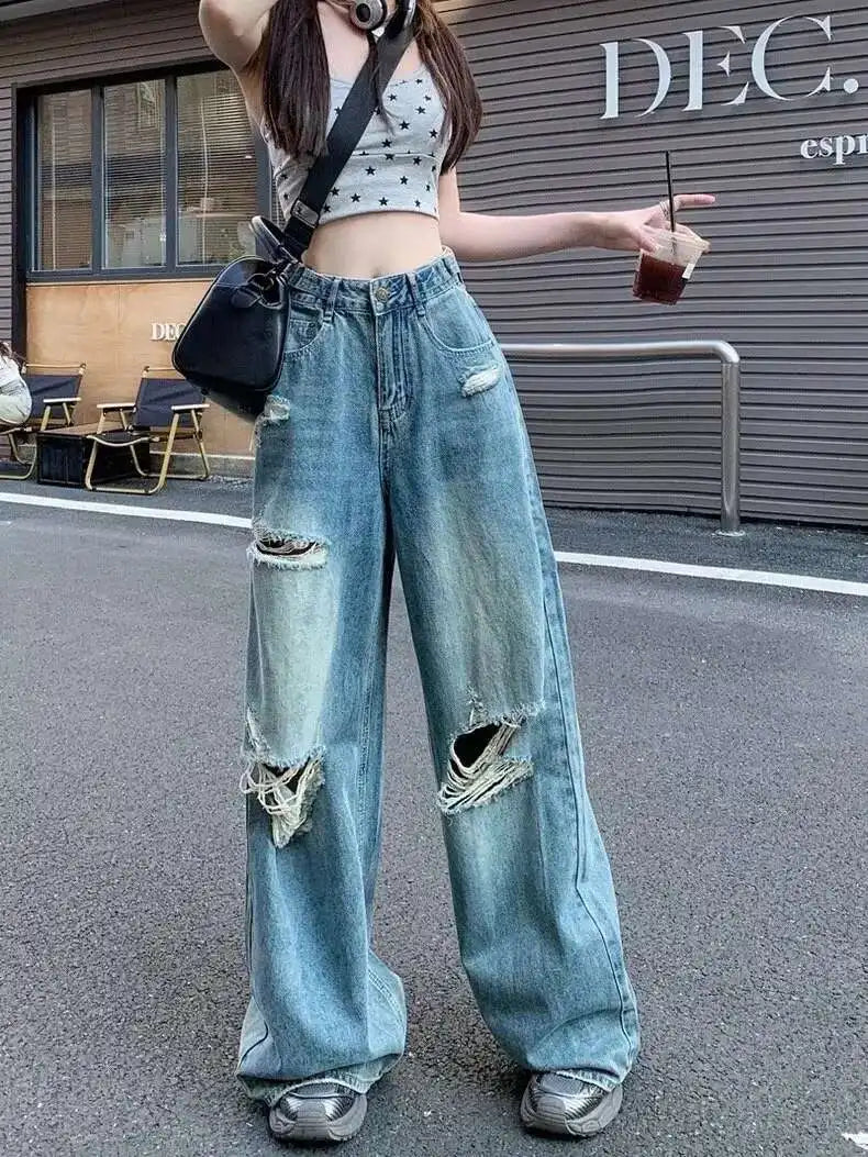 Vintage Pants, Jeans, Women's Torn Wide Leg Pants, Summer High Waist, Loose Fitting Long Pants, Women's Jeans