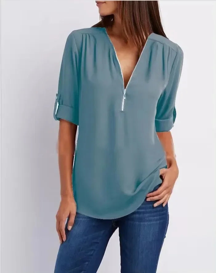 Women Cool Loose Shirt Deep V Neck Chiffon Fashion Zipper Pullover Blouse