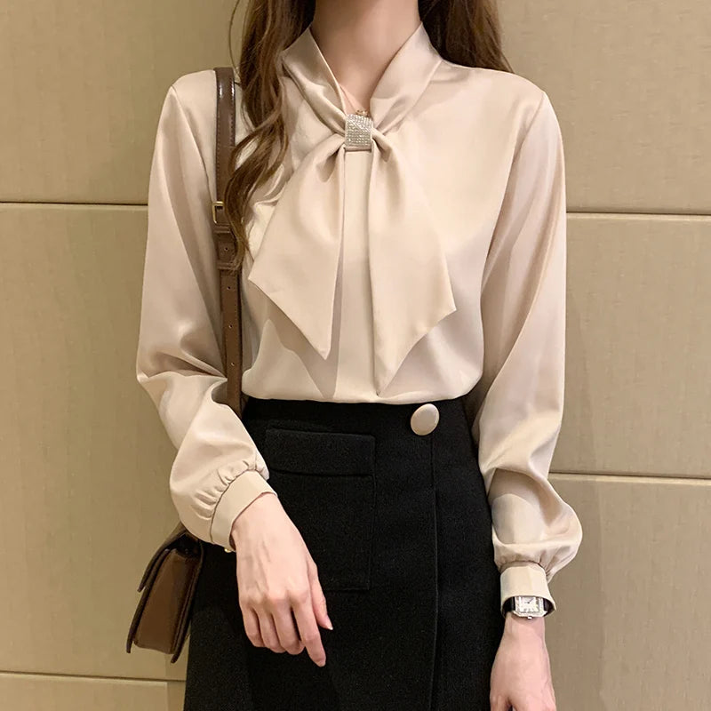Long Sleeve Blouse Women Bow Collar Chiffon Blouse Shirt Tops Women Blouse