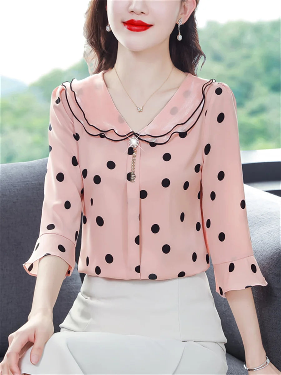 Women Spring Summer Blouses Fashion Casual Half Sleeve Ruffles Collar Polka Dots Tops