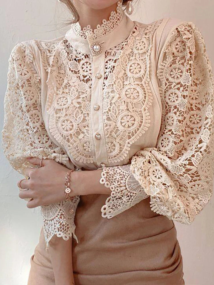 Women Chiffon Button Turtleneck Shirt Chic Elegant Floral Lace Fluffy Long Sleeve Top Fashion Hollow Oversize Blouse