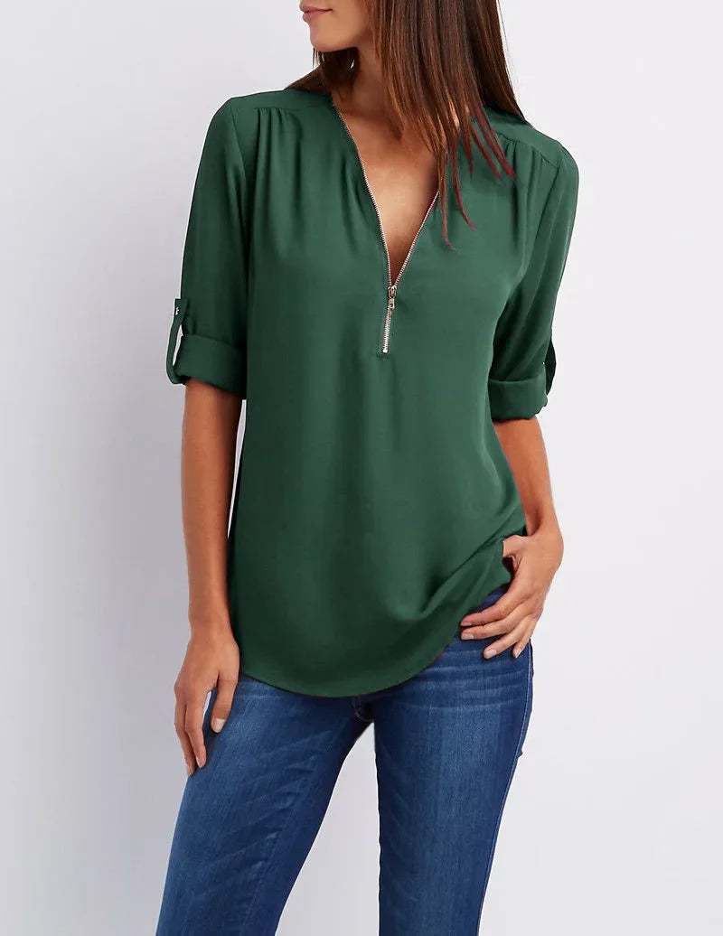 Women Cool Loose Shirt Deep V Neck Chiffon Fashion Zipper Pullover Blouse