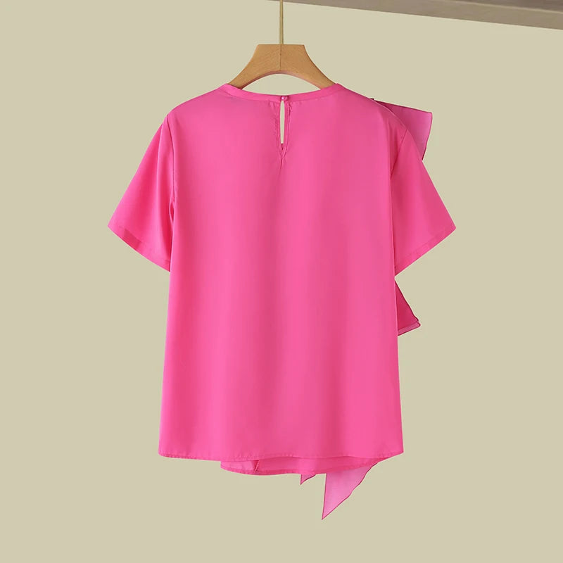 Women Ruffled Stitching Blouse Fashion Holiday O-neck Tops Summer Short Sleeve