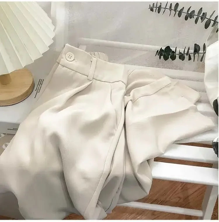 Elastic High Waist Suit Women Pants, Casual Loose Straight Black Office Ladies Trouser