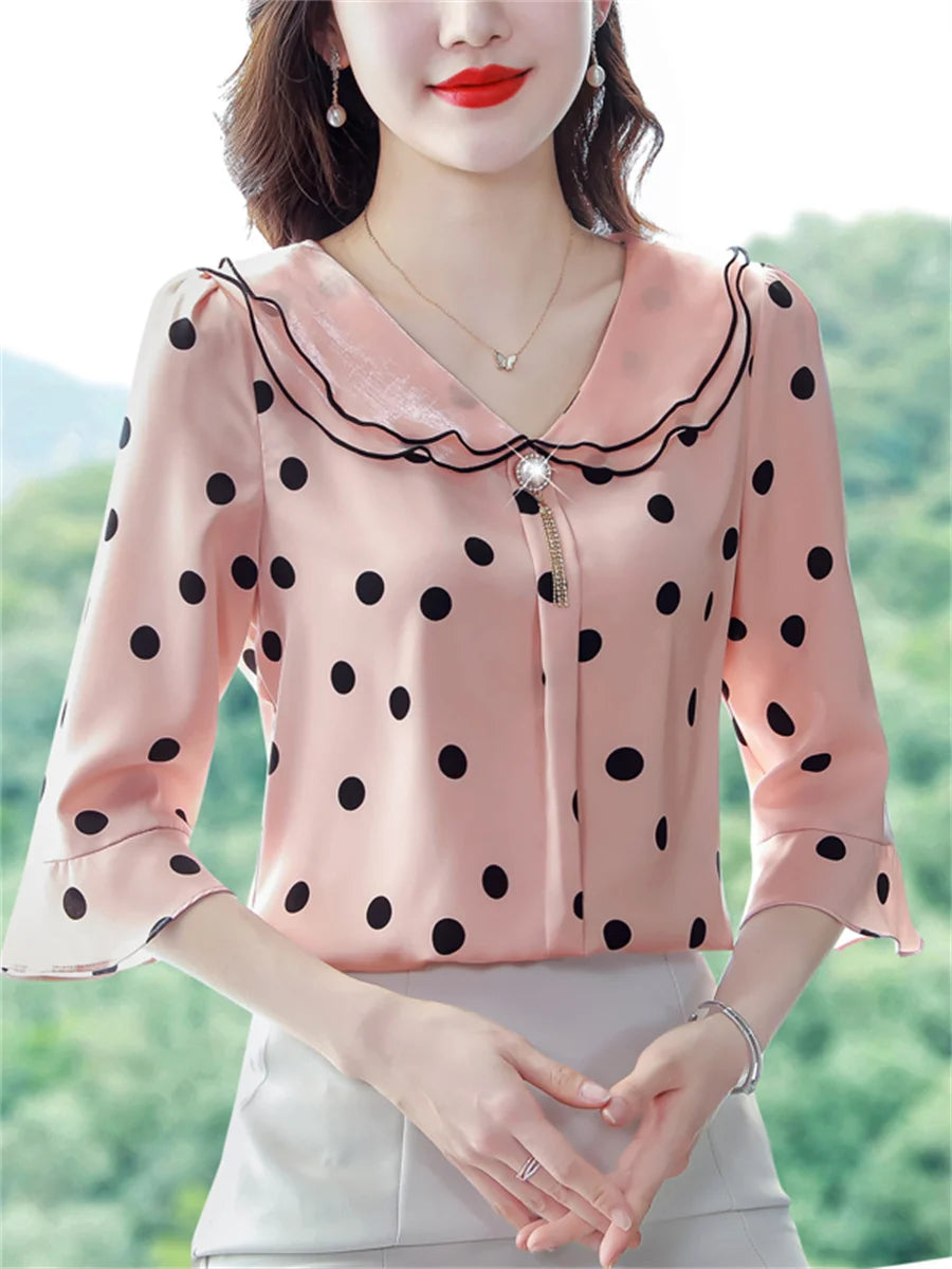 Women Spring Summer Blouses Fashion Casual Half Sleeve Ruffles Collar Polka Dots Tops