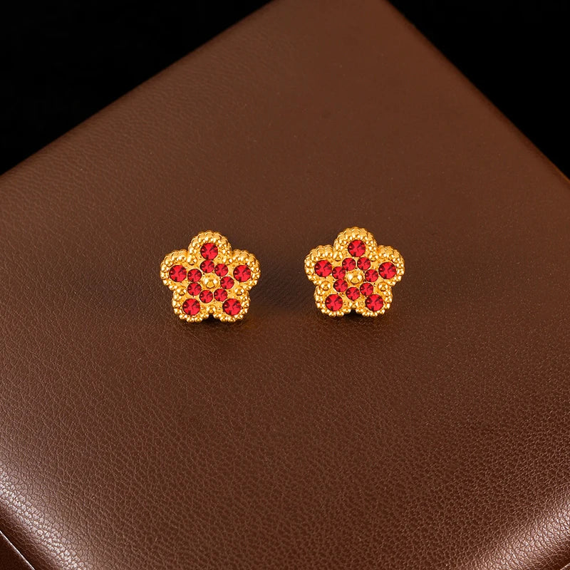 Pink Zircon Reversible Clover Necklace Bracelet Earrings Set For Women Trendy Stainless Steel Waterproof Jewelry