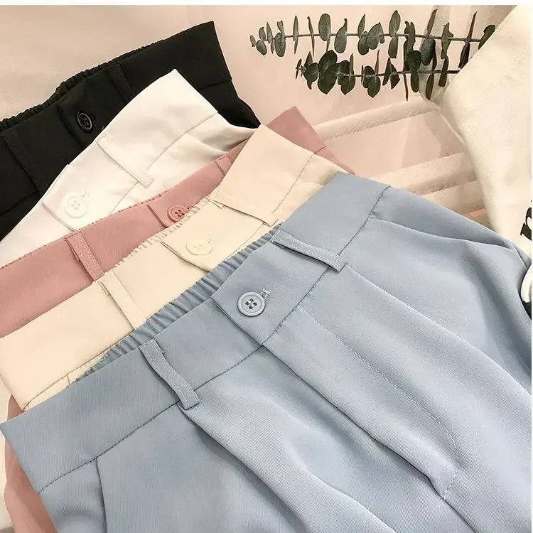 Elastic High Waist Suit Women Pants, Casual Loose Straight Black Office Ladies Trouser