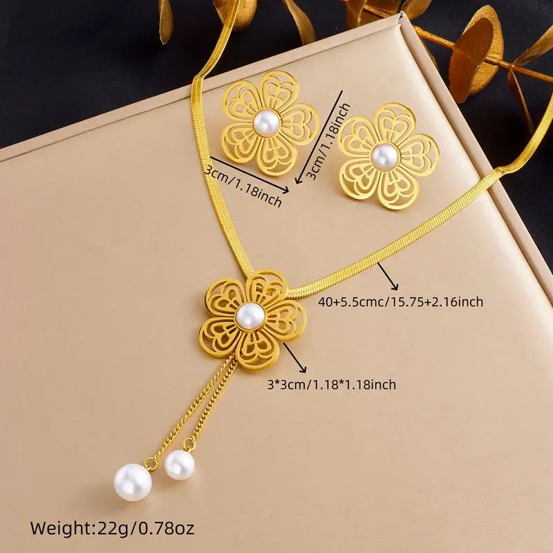 Stainless Steel White Rhinestone Flower Pendant Necklace Earrings For Women Girl Light Luxury Jewelry Set Gifts