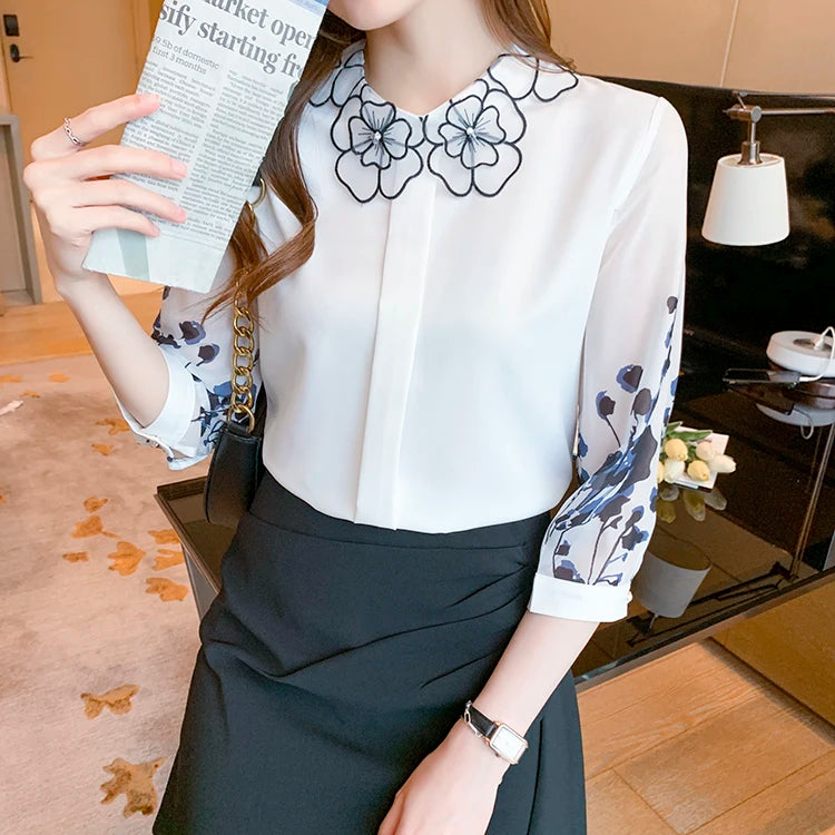 Professional Print Women Blouses Work Casual Top Chiffon Blouse Elegant Simple Loose Shirt