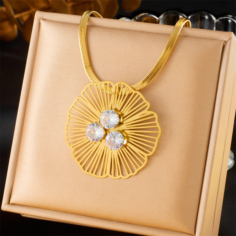 Stainless Steel Hollow Flower Inlaid With Zircon Necklace Earrings Ring For Women New Trend Non-fading Jewelry Set