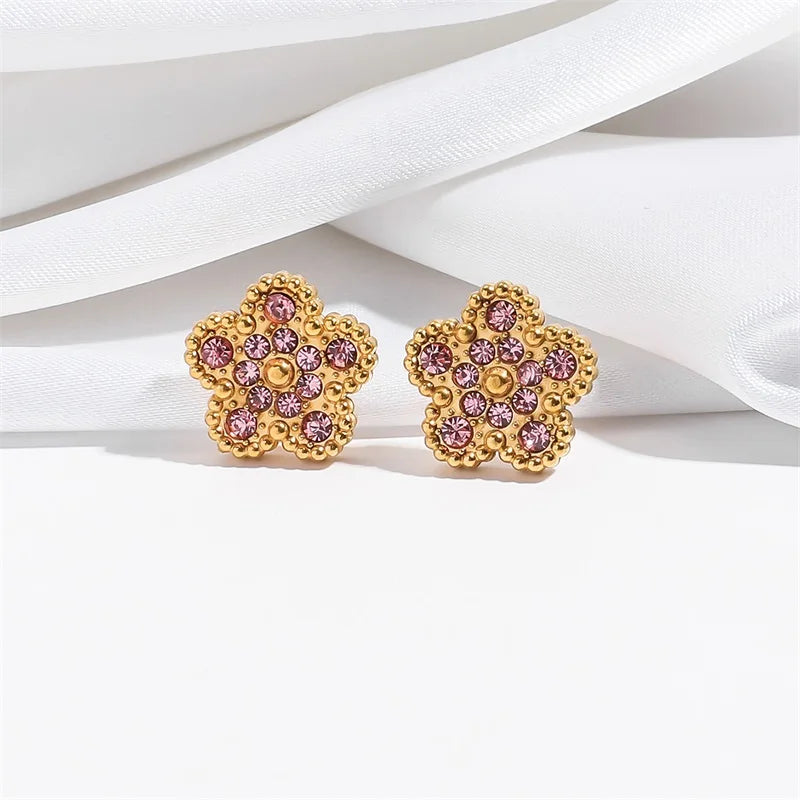 Pink Zircon Reversible Clover Necklace Bracelet Earrings Set For Women Trendy Stainless Steel Waterproof Jewelry