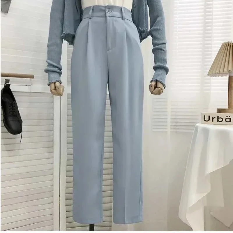 Elastic High Waist Suit Women Pants, Casual Loose Straight Black Office Ladies Trouser