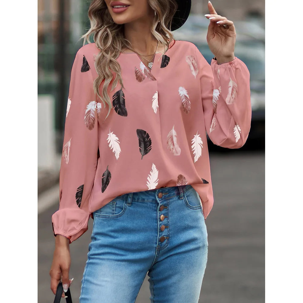 Fashion Woman long Sleeve Feather Pattern, Ladies Elegant Chiffon Tops