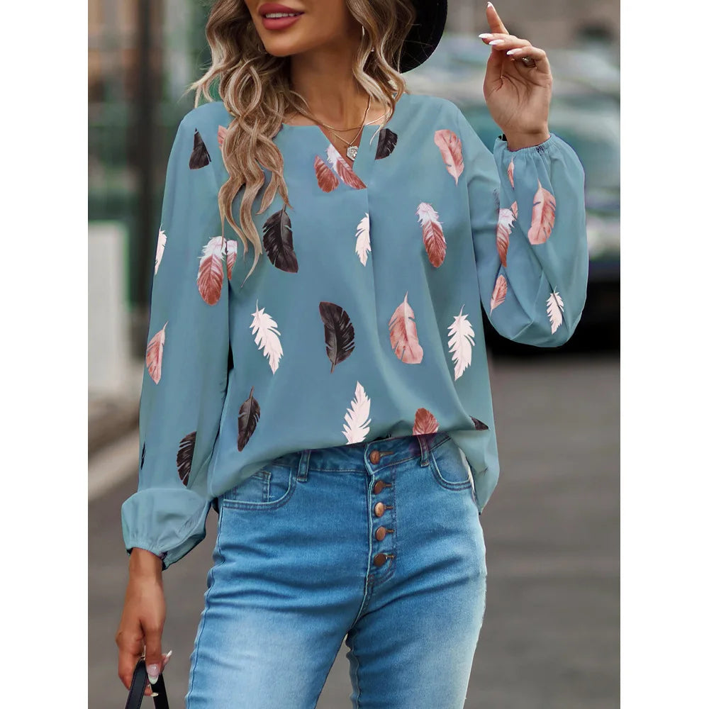Fashion Woman long Sleeve Feather Pattern, Ladies Elegant Chiffon Tops