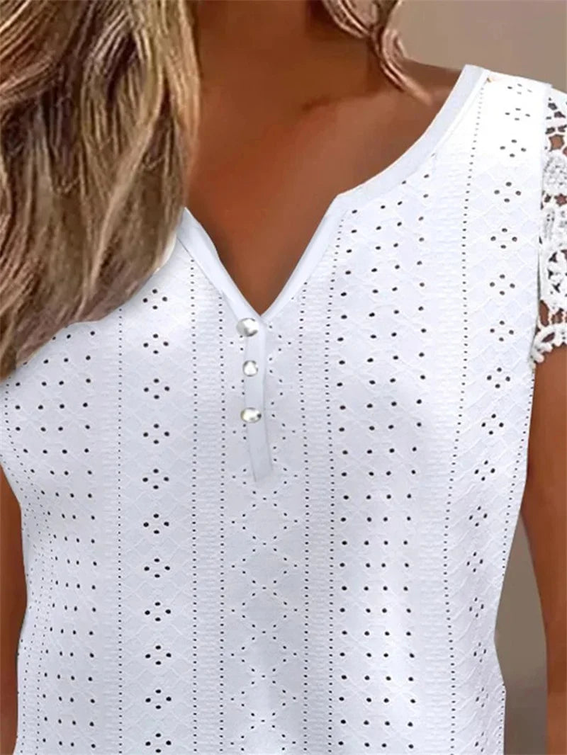 Women Summer Fashion Blouses Tops Lace Patch Buttoned Casual V-Neck Short Sleeve