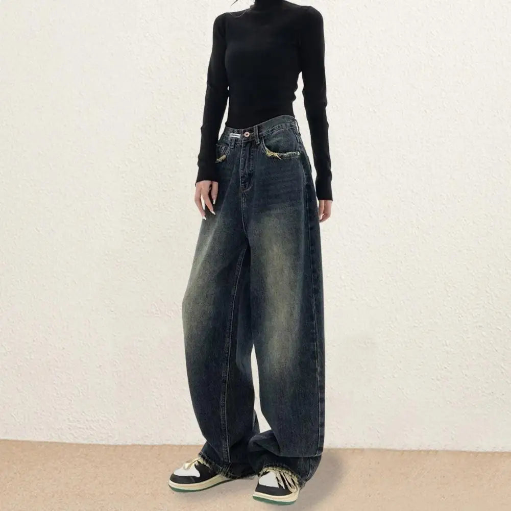 Wide Leg, Floor Length Loose Denim High Waist Vintage Hip Hop Streetwear Women Jeans