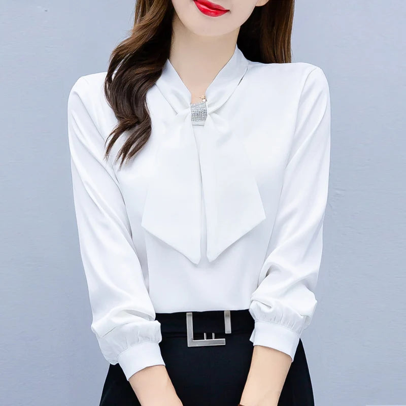 Long Sleeve Blouse Women Bow Collar Chiffon Blouse Shirt Tops Women Blouse