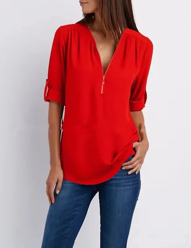 Women Cool Loose Shirt Deep V Neck Chiffon Fashion Zipper Pullover Blouse