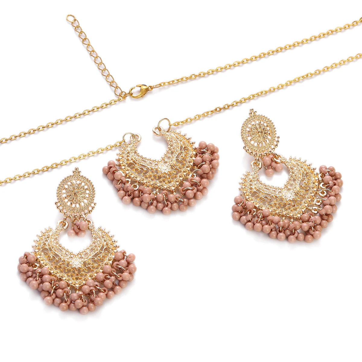 Bohemia Gold Color Peach Heart Pendant Earring Necklace Set for Women