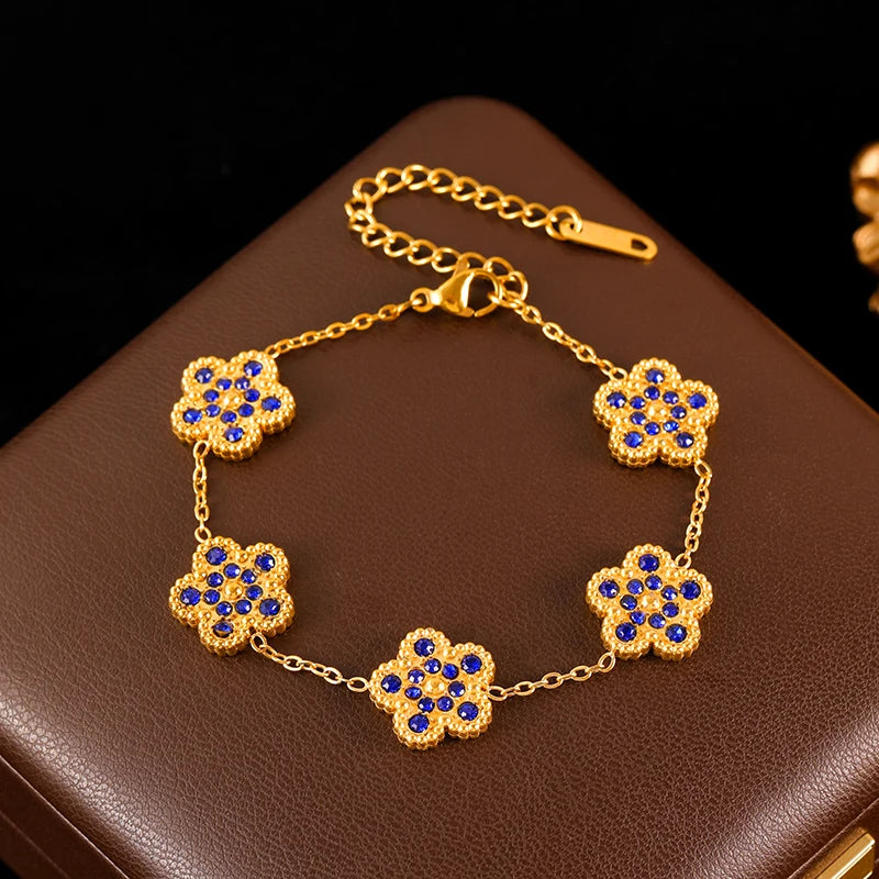 Pink Zircon Reversible Clover Necklace Bracelet Earrings Set For Women Trendy Stainless Steel Waterproof Jewelry