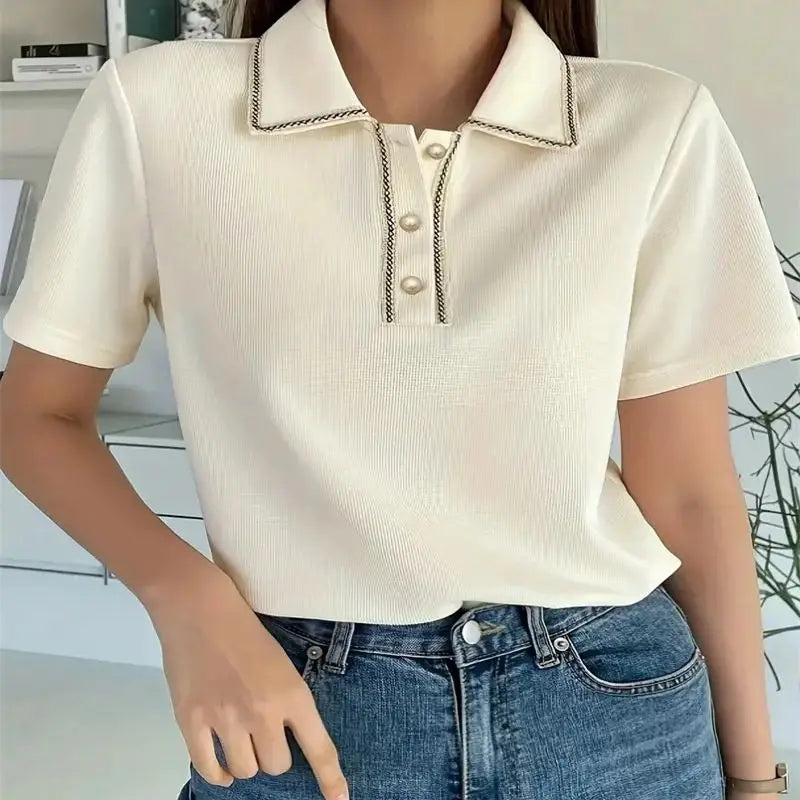 Women's pure color button-down T-shirt spring and summer casual office short-sleeved shirt
