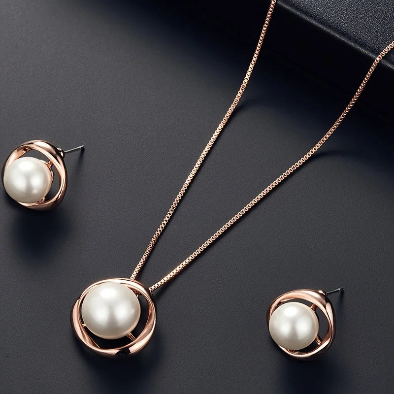Luxury style Fashion Hollow Round Jewelry Set Pearl Pendant Necklace Stud Earrings Set for Women