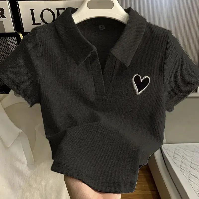 Korean Fashion Loves Embroidery T-shirt Polo Collar Orthoshoulder Slim Hotsweet Women's Crop Top