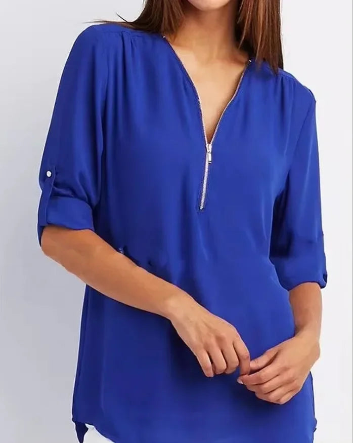 Women Cool Loose Shirt Deep V Neck Chiffon Fashion Zipper Pullover Blouse