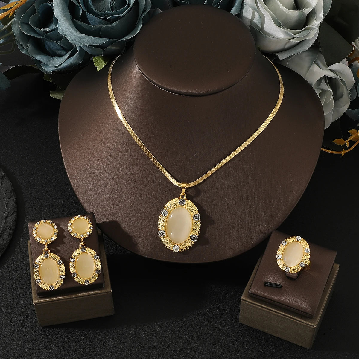 Golden opal pendant Necklace Earrings Ring for Women