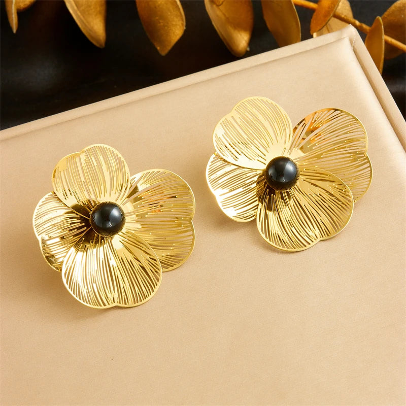 Stainless Gold plated 3D hollow camellia Pearl Necklace Bracelet Ring Suit Women Girl New Trend Non-fading jewelry Set
