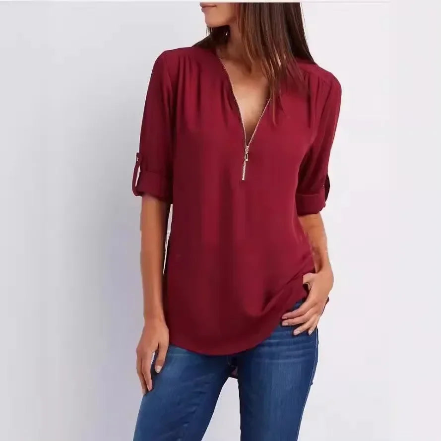 Women Cool Loose Shirt Deep V Neck Chiffon Fashion Zipper Pullover Blouse