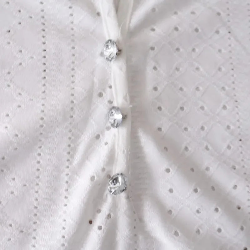 Women Summer Fashion Blouses Tops Lace Patch Buttoned Casual V-Neck Short Sleeve