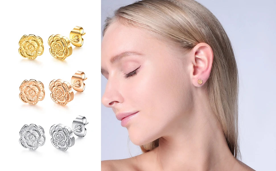 Rose Flower G23 Titanium Stud Earrings Hypoallergenic Post Pierced Tragus Cartilage Lobe Ear Stud Nickel Free for Women
